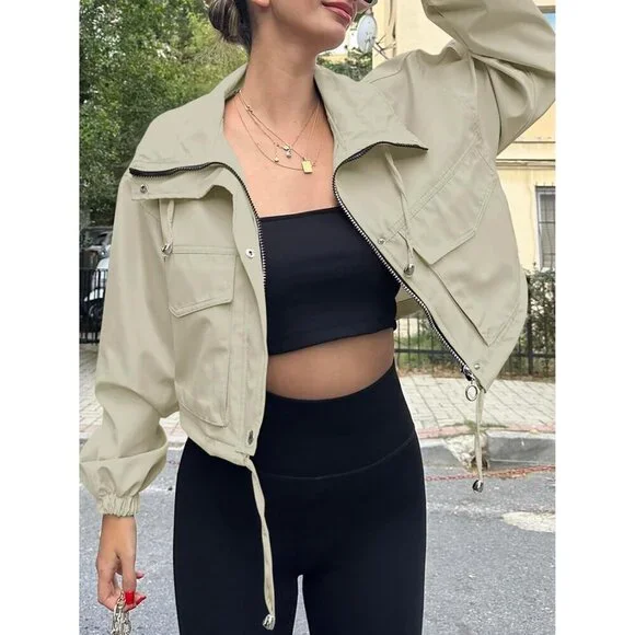 Womens Beige Tankaneo Cropped Jacket Zip Up Oversized Utility Anorak Coat - Picture 3 of 4